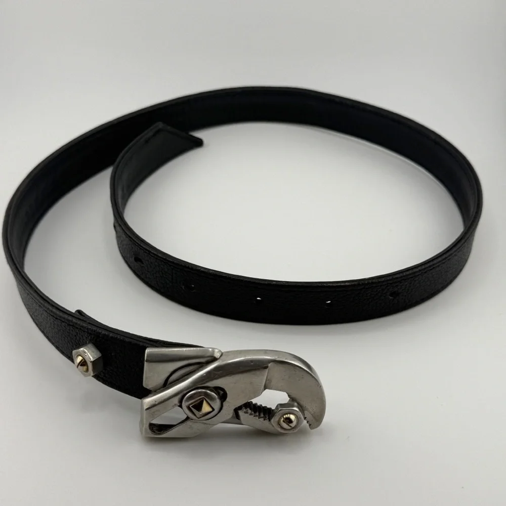 Black Leather Belt Industrial Tool Buckle Silver Hardware Adjustable Waist Belt